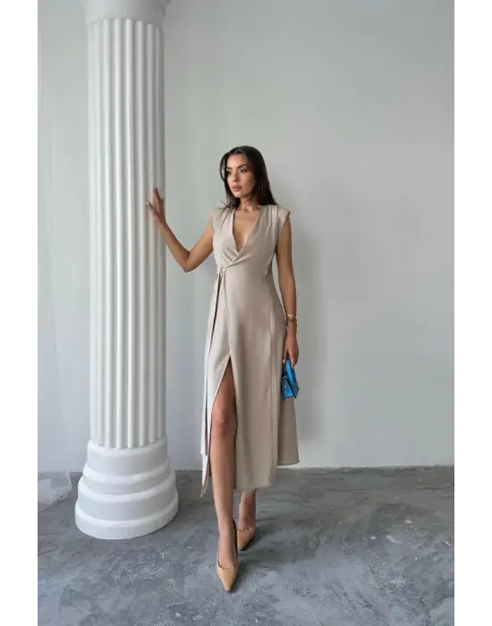 KRUVAZE VATKALI KOLSUZ ELBİSE MODAL KUMAŞ - Bej