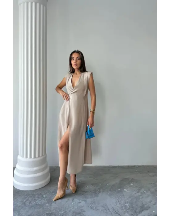 KRUVAZE VATKALI KOLSUZ ELBİSE MODAL KUMAŞ - Bej