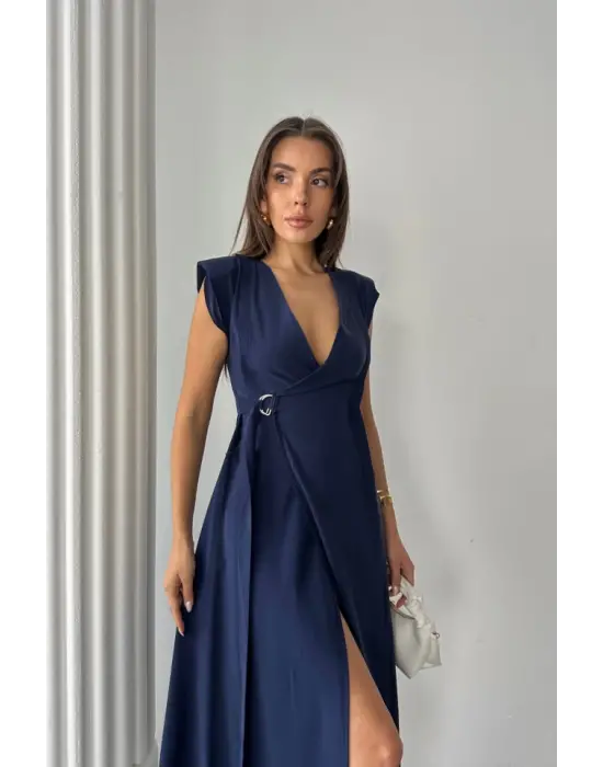 Omarı Modal Kumaş Kruvaze Vatkali Kolsuz Elbise - Lacivert