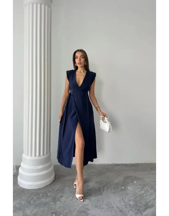 Omarı Modal Kumaş Kruvaze Vatkali Kolsuz Elbise - Lacivert