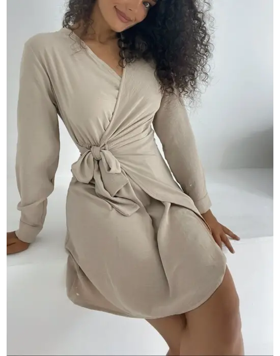 Kruvaze Yaka Bağlamalı Fırfırlı Ayrobin Elbise     -Bej
