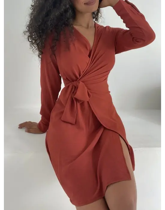 Kruvaze Yaka Bağlamalı Fırfırlı Ayrobin Elbise  -Kiremit
