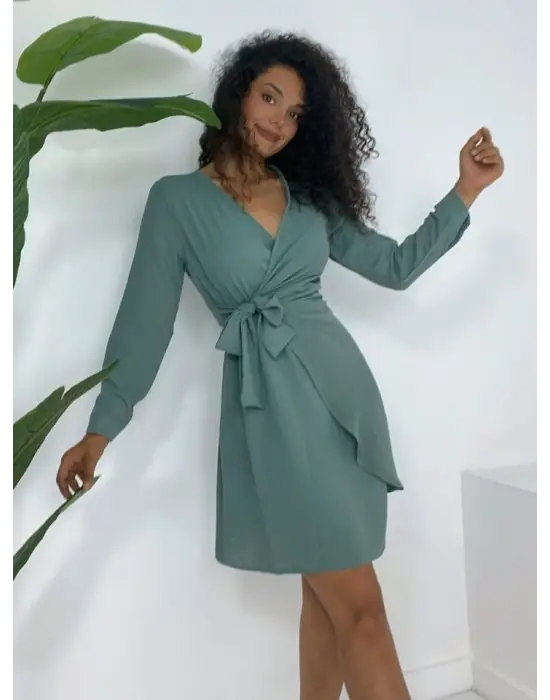 Kruvaze Yaka Bağlamalı Fırfırlı Ayrobin Elbise      -Mint
