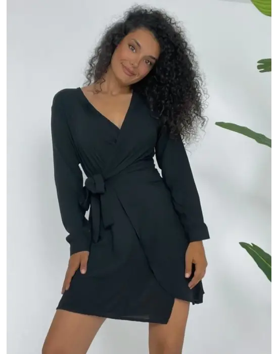 Omarı Kruvaze Yaka Fırfırlı Ayrobin Elbise - Siyah