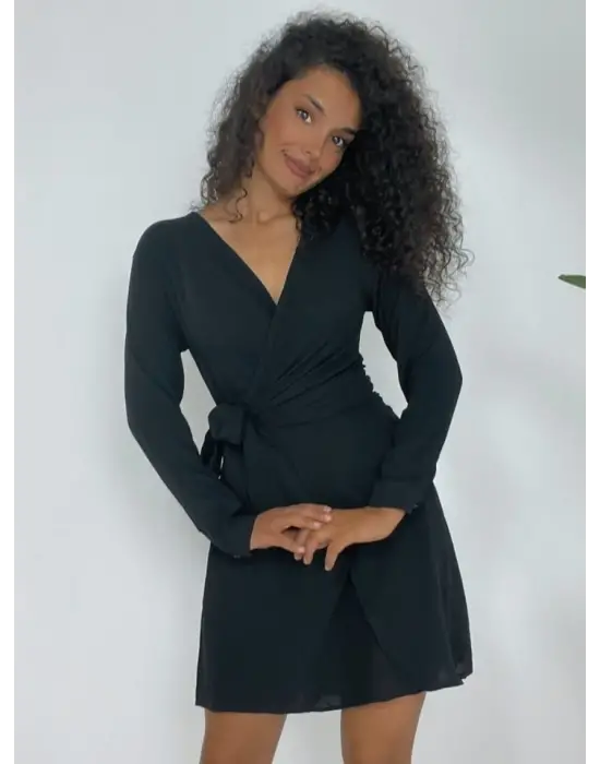 Kruvaze Yaka Bağlamalı Fırfırlı Ayrobin Elbise -Siyah