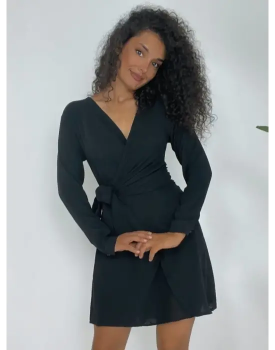 Omarı Kruvaze Yaka Fırfırlı Ayrobin Elbise - Siyah