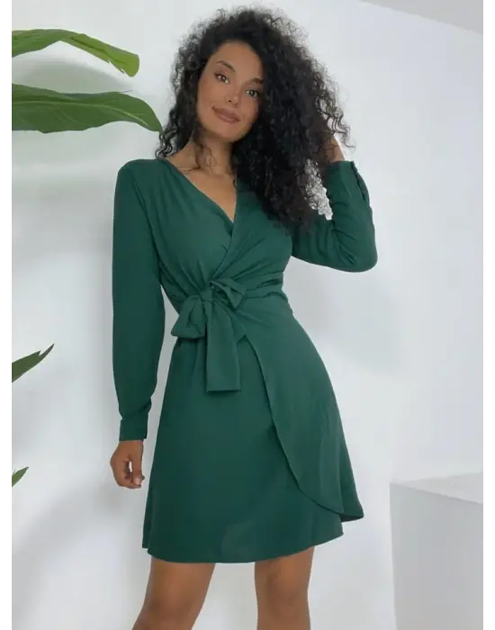 Kruvaze Yaka Bağlamalı Fırfırlı Ayrobin Elbise   -Zümrüt