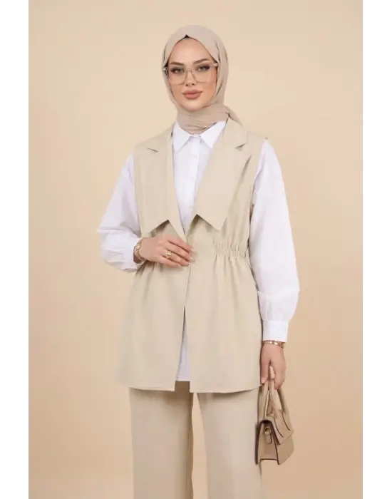 Kruvaze Yaka Beli Lastikli Yelek Pantolon Modal Takım -Bej