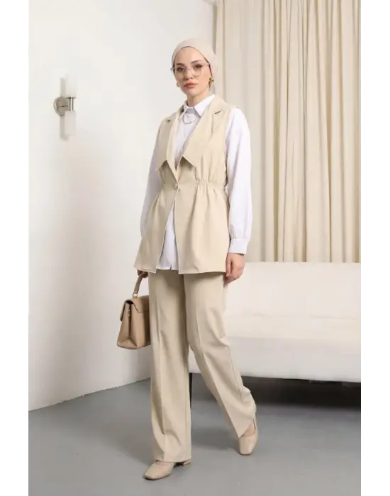 Kruvaze Yaka Beli Lastikli Yelek Pantolon Modal Takım -Bej