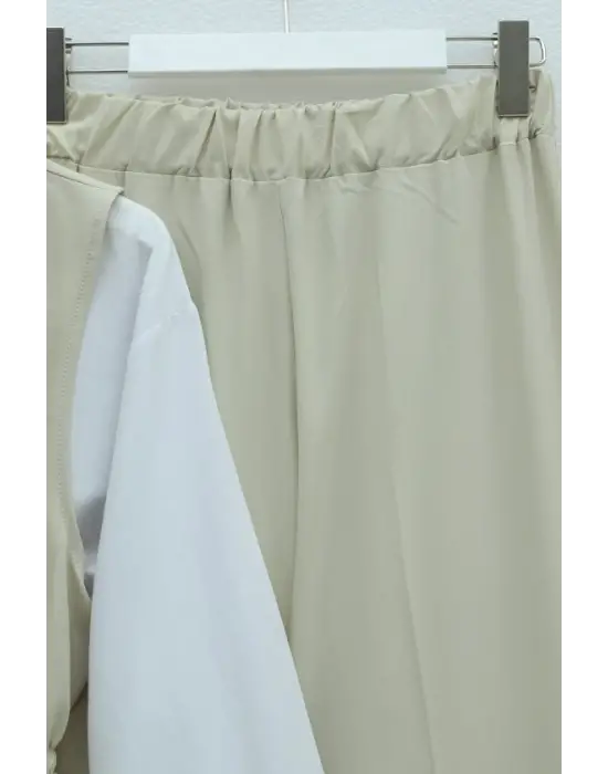 Kruvaze Yaka Beli Lastikli Yelek Pantolon Modal Takım -Bej