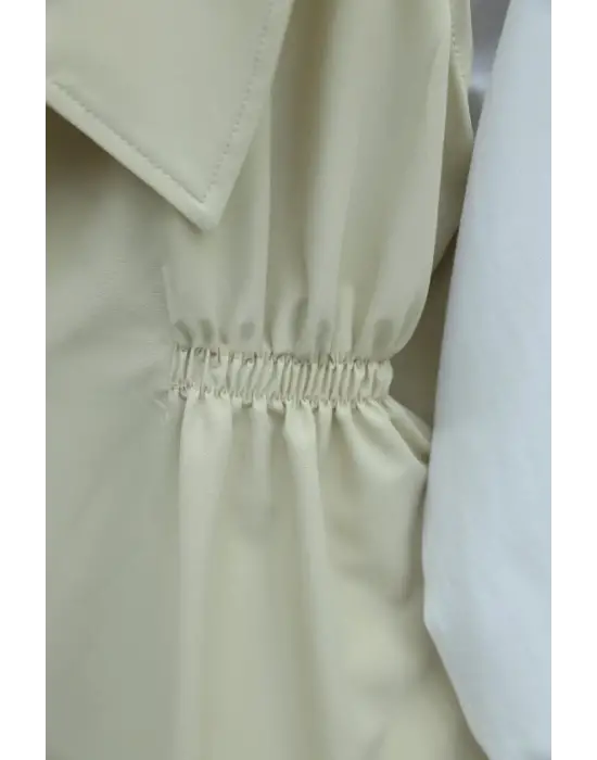 Kruvaze Yaka Beli Lastikli Yelek Pantolon Modal Takım -Bej