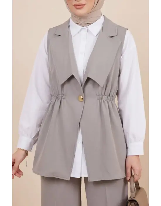 Kruvaze Yaka Beli Lastikli Yelek Pantolon Modal Takım -Gri