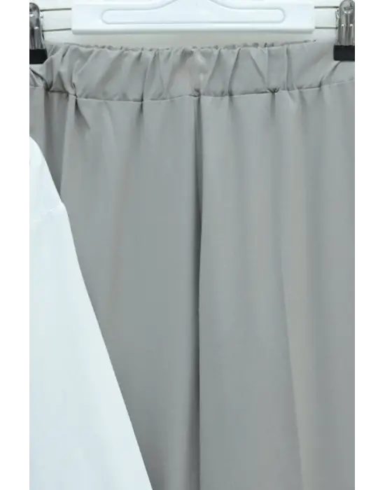 Kruvaze Yaka Beli Lastikli Yelek Pantolon Modal Takım -Gri