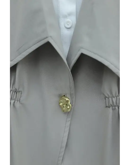 Kruvaze Yaka Beli Lastikli Yelek Pantolon Modal Takım -Gri