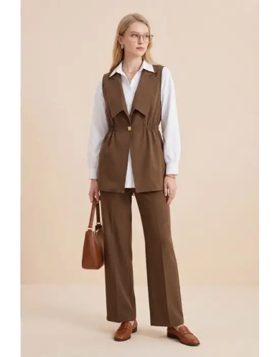 Kruvaze Yaka Beli Lastikli Yelek Pantolon Modal Takım -Kahve