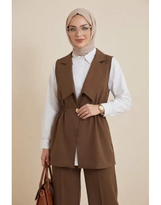 Kruvaze Yaka Beli Lastikli Yelek Pantolon Modal Takım -Kahve