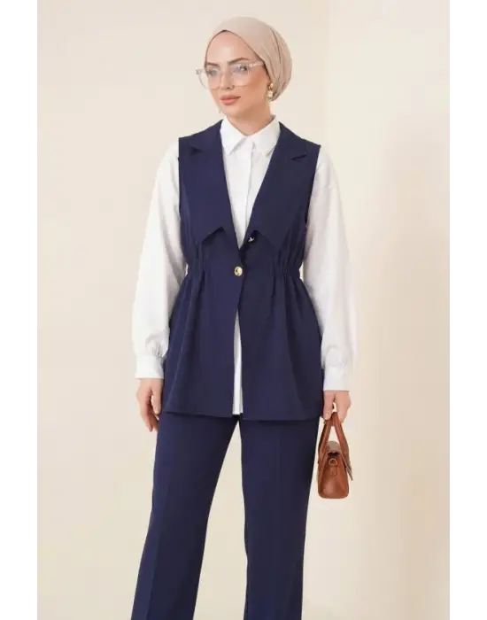 Kruvaze Yaka Beli Lastikli Yelek Pantolon Modal Takım  -Laci