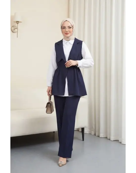 Kruvaze Yaka Beli Lastikli Yelek Pantolon Modal Takım  -Laci