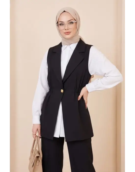 Kruvaze Yaka Beli Lastikli Yelek Pantolon Modal Takım -Siyah