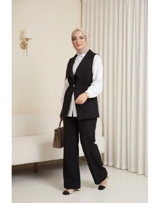 Kruvaze Yaka Beli Lastikli Yelek Pantolon Modal Takım -Siyah
