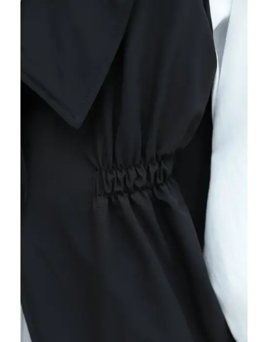 Kruvaze Yaka Beli Lastikli Yelek Pantolon Modal Takım -Siyah