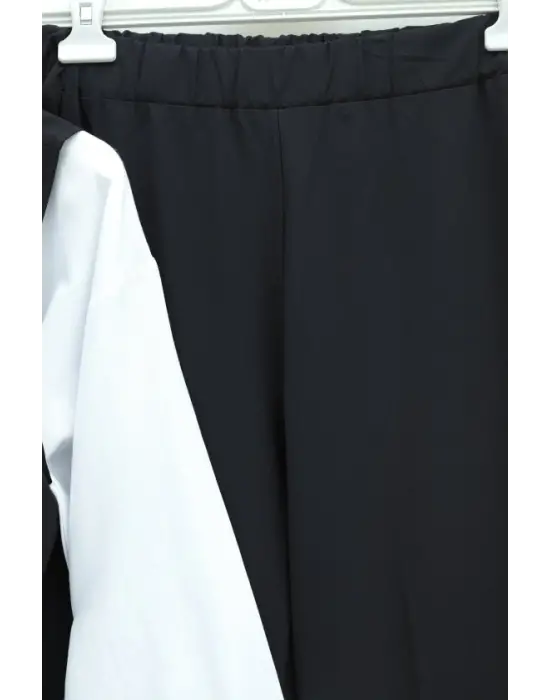 Kruvaze Yaka Beli Lastikli Yelek Pantolon Modal Takım -Siyah