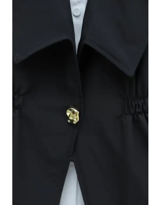 Kruvaze Yaka Beli Lastikli Yelek Pantolon Modal Takım -Siyah