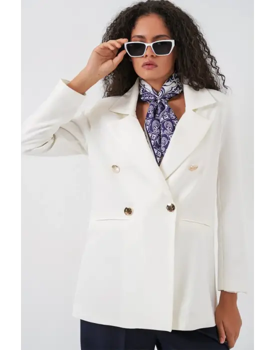 Kruvaze Yaka Blazer Ceket 0722 - Beyaz