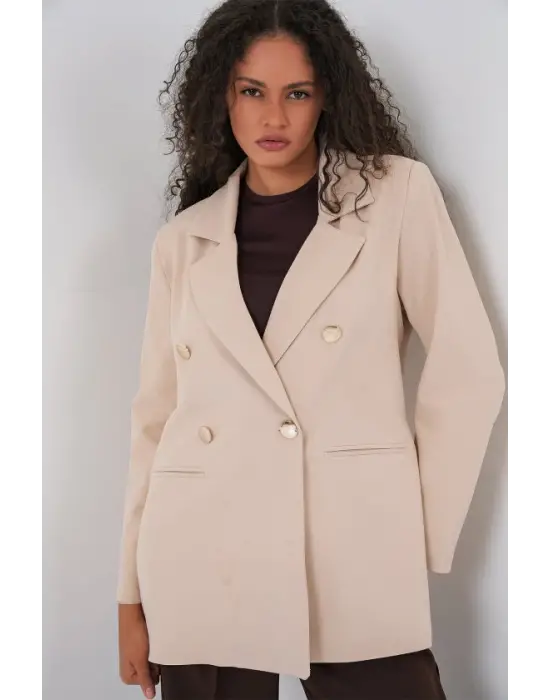 Kruvaze Yaka Blazer Ceket 0722 - Krem