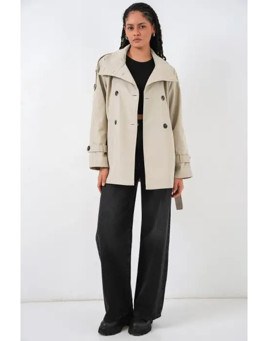 Kruvaze Yaka Kısa Trençkot 5980 - Bej