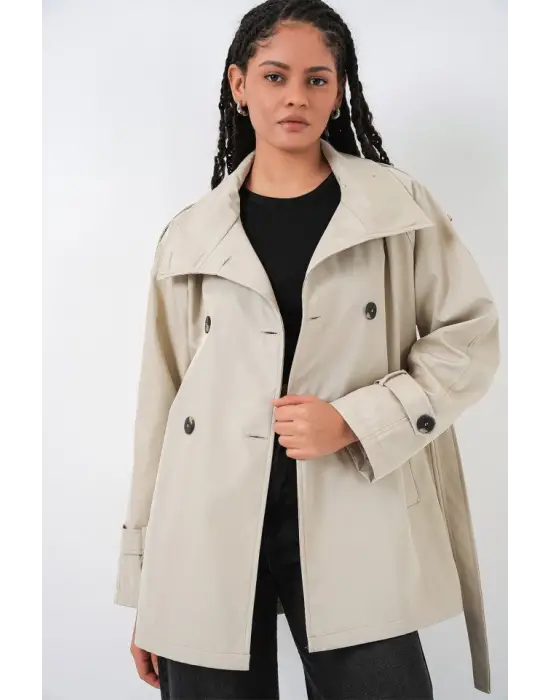 Kruvaze Yaka Kısa Trençkot 5980 - Bej