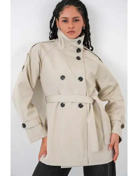 Kruvaze Yaka Kısa Trençkot 5980 - Bej