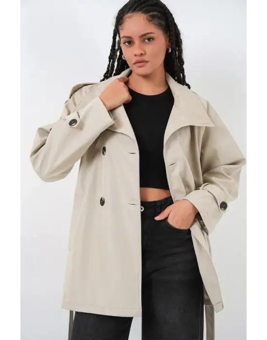 Kruvaze Yaka Kısa Trençkot 5980 - Bej