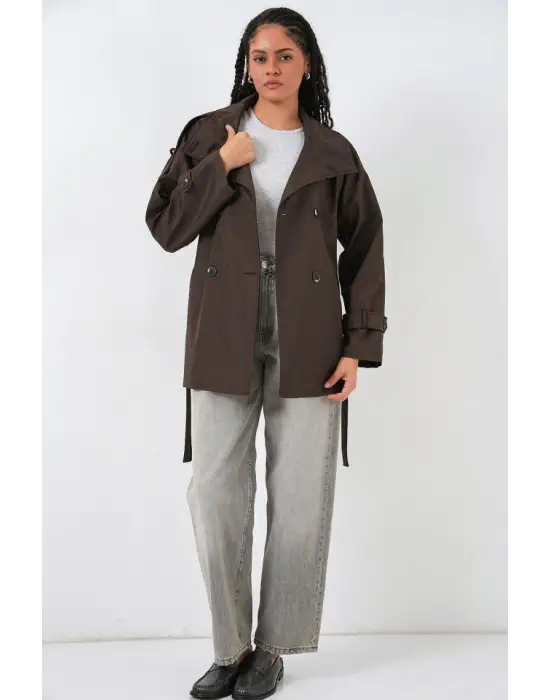 Kruvaze Yaka Kısa Trençkot 5980 - Kahverengi