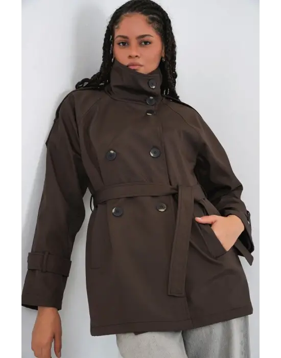 Kruvaze Yaka Kısa Trençkot 5980 - Kahverengi