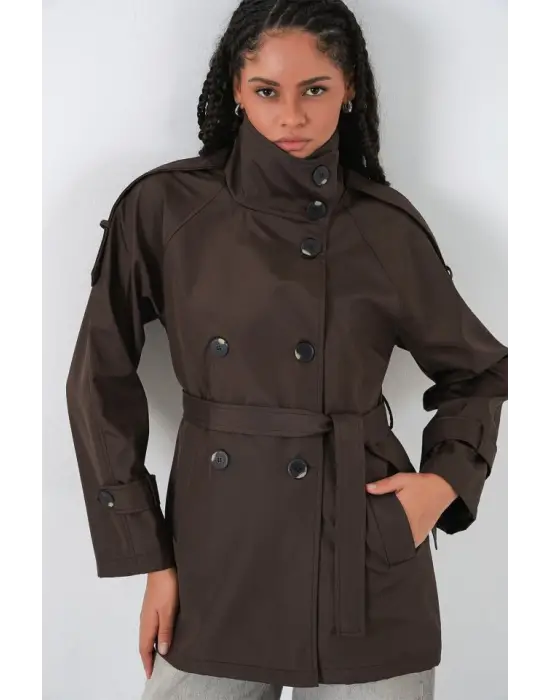 Kruvaze Yaka Kısa Trençkot 5980 - Kahverengi