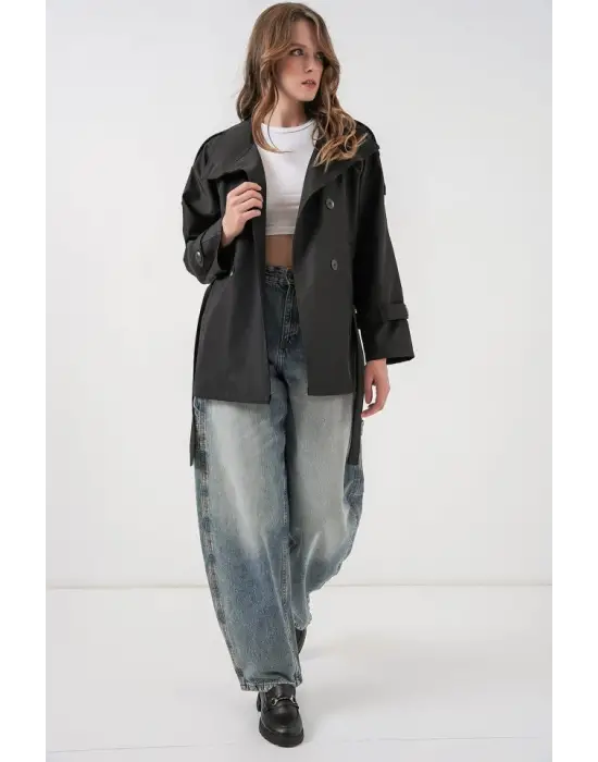Kruvaze Yaka Kısa Trençkot 5980 - Siyah