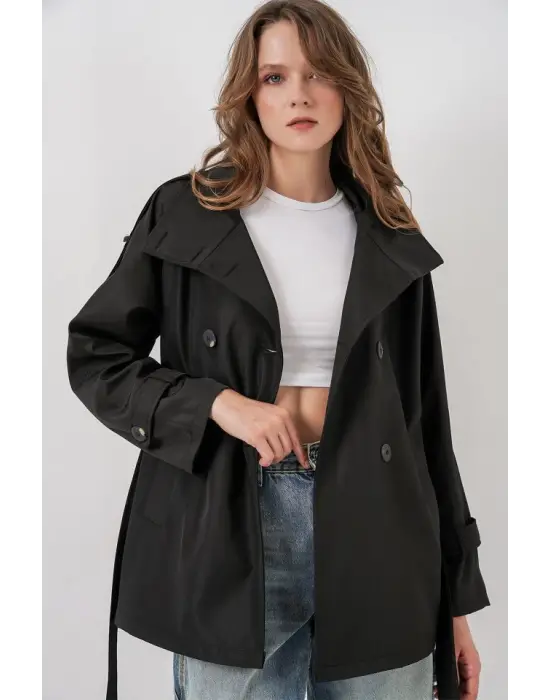 Kruvaze Yaka Kısa Trençkot 5980 - Siyah