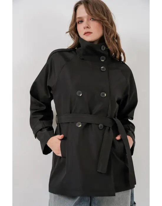 Kruvaze Yaka Kısa Trençkot 5980 - Siyah