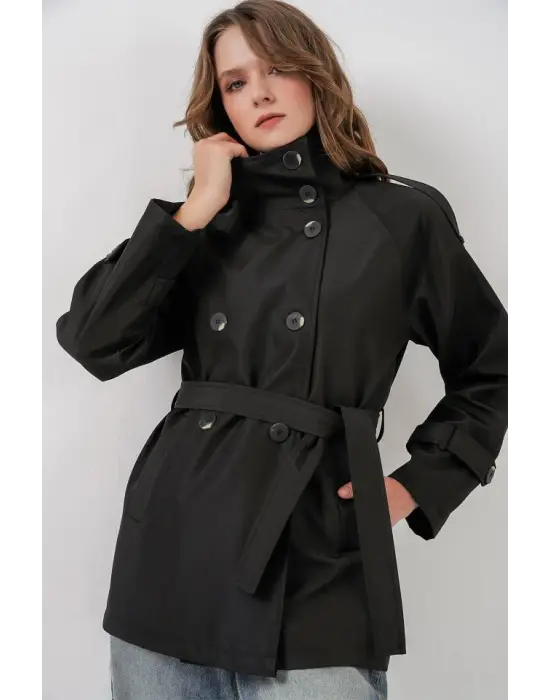 Kruvaze Yaka Kısa Trençkot 5980 - Siyah