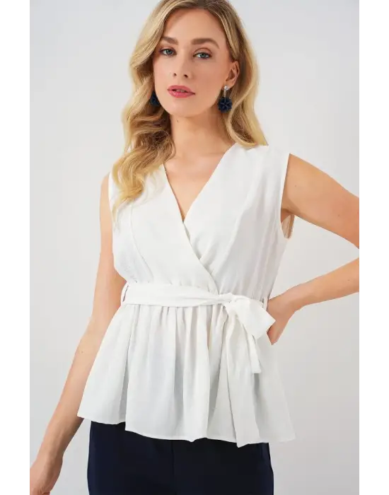 Kruvaze Yaka Kolsuz Bluz 966 - Beyaz