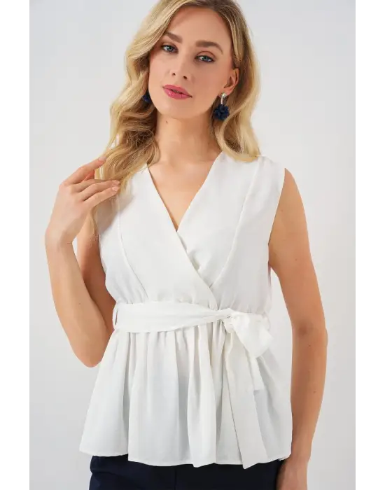 Kruvaze Yaka Kolsuz Bluz 966 - Beyaz