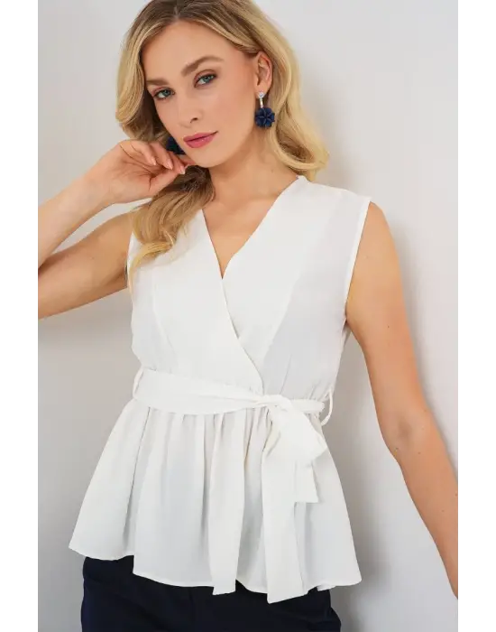 Kruvaze Yaka Kolsuz Bluz 966 - Beyaz