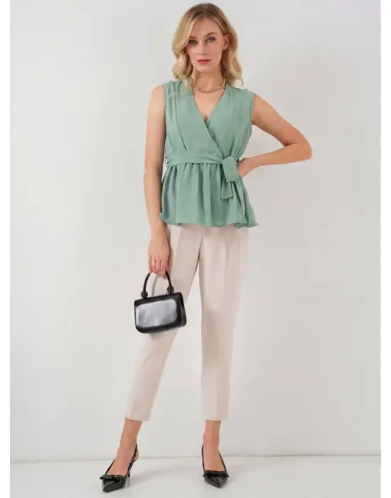 Kruvaze Yaka Kolsuz Bluz 966 - Çağla