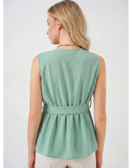 Kruvaze Yaka Kolsuz Bluz 966 - Çağla