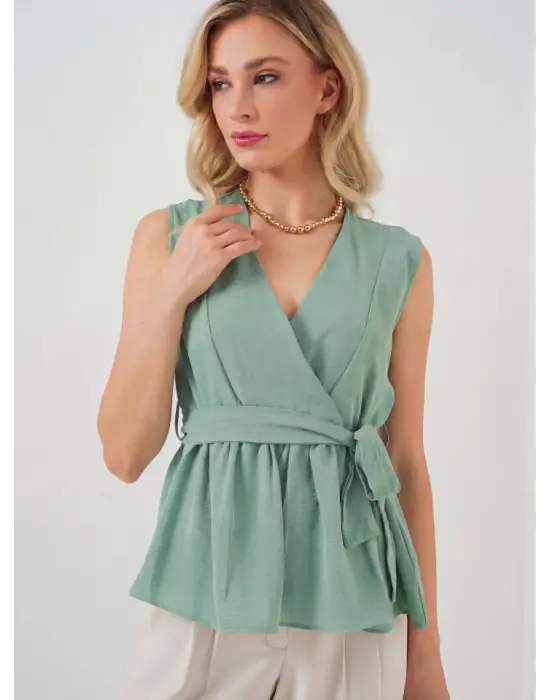 Kruvaze Yaka Kolsuz Bluz 966 - Çağla