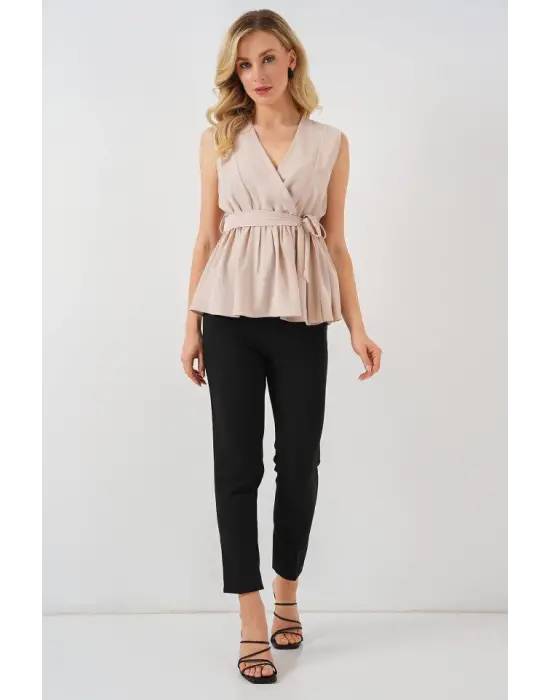 Kruvaze Yaka Kolsuz Bluz 966 - Krem