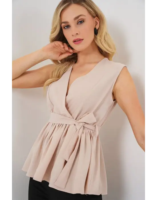 Kruvaze Yaka Kolsuz Bluz 966 - Krem