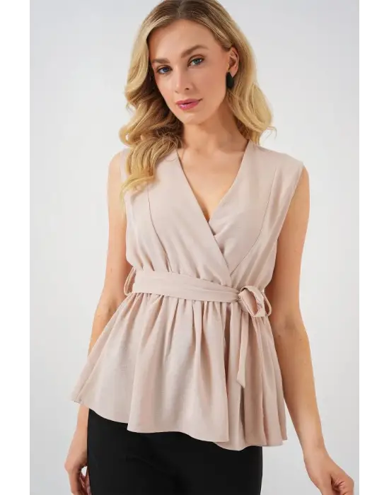 Kruvaze Yaka Kolsuz Bluz 966 - Krem