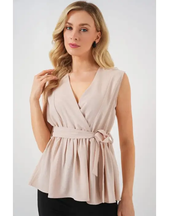 Kruvaze Yaka Kolsuz Bluz 966 - Krem